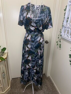 Blush Teal Floral Leaf Wrap Maxi Dress